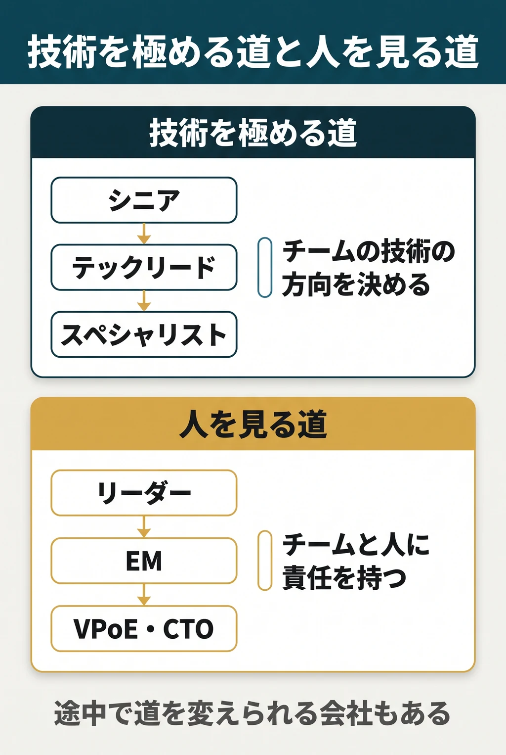 2つの道。技術を極める道:エンジニア→シニア→テックリード(チームの技術の方向を決める)→スペシャリスト。人を見る道:エンジニア→リーダー→EM(エンジニアのチームと人に責任を持つ)→VPoE・CTO。途中で道を変えられる会社もある。